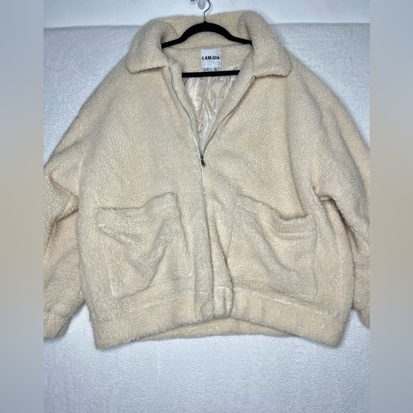 I Am Gia Beige The Pixie Sherpa Slouchy Teddy Jacket Cozy Trendy It Girl sz L - Picture 2 of 11